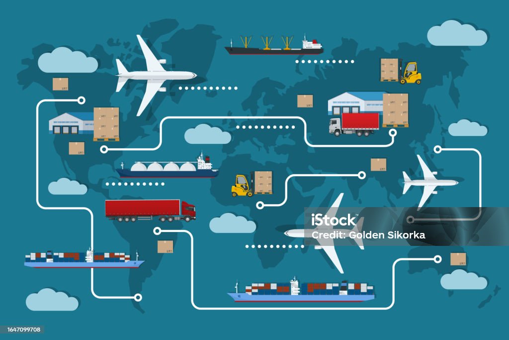 Global logistics network. Air cargo, rail transportation, maritime shipping, warehouse, container ship, city skyline on the world map. - Royalty-free Vrachtvervoer vectorkunst Global logistics network. Air cargo, rail transportation, maritime shipping, warehouse, container ship, city skyline on the world map. - Royalty-free Vrachtvervoer vectorkunst