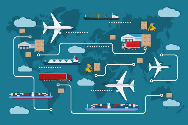 stockillustraties, clipart, cartoons en iconen met global logistics network. air cargo, rail transportation, maritime shipping, warehouse, container ship, city skyline on the world map. - toeleveringsketen
