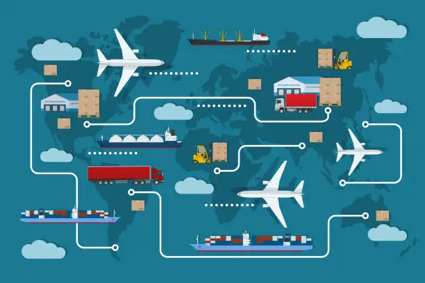 Vector illustration of Global logistics network. Air cargo, rail transportation, maritime shipping, warehouse, container ship, city skyline on the world map.