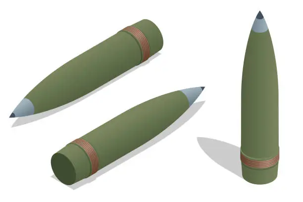 Vector illustration of Isometric ammunition for 155 mm howitzer M777. Modern shells for heavy assault barrel artillery.