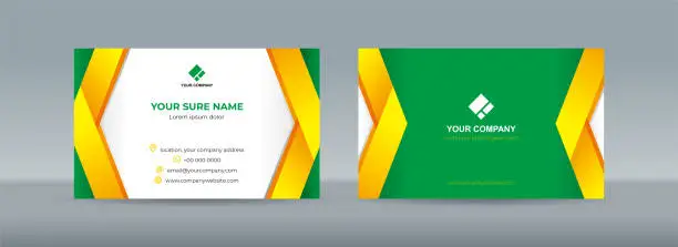 Vector illustration of Set of double sided business card templates with simple folded yellow ribbon on white green background