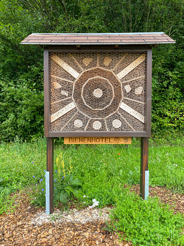 Neckarsteinach, Germany, August, 10, 2023 - Wild bee and insect shelter hotel, Baden-Württemberg, Germany