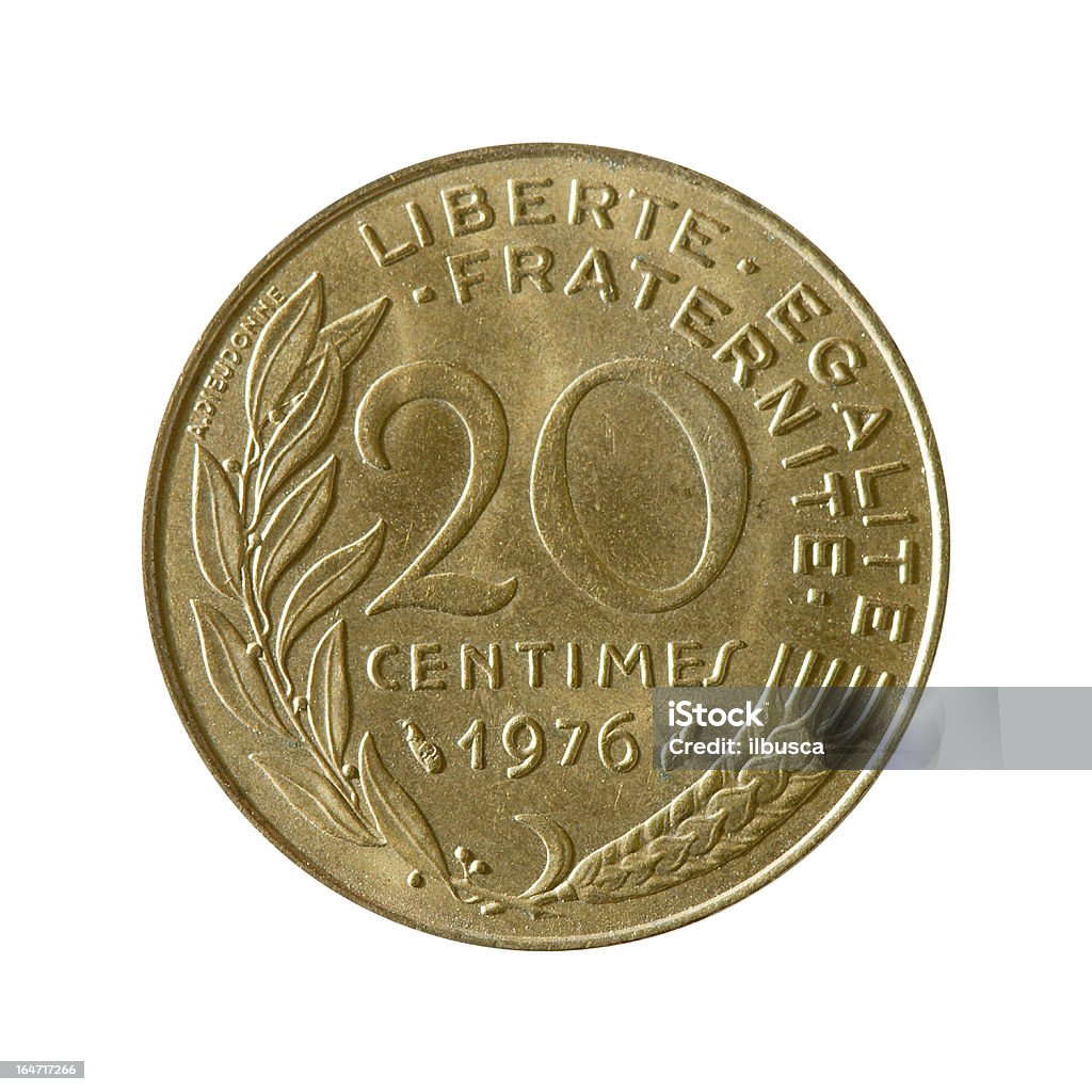 Moneta macro isolato su bianco: Venti Centimes del franco francese - Foto stock royalty-free di Antico - Vecchio stile