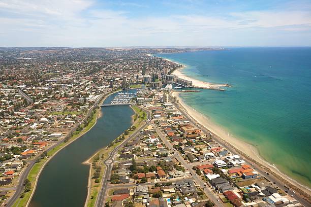 Adelaide beaches from the air Patawalonga and Glenelg from the air creighton stock pictures, royalty-free photos & images