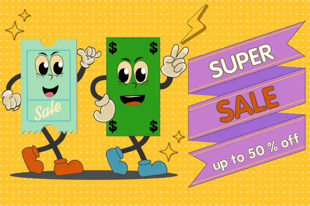 Vector illustration of Sale banner, retro groovy discount coupon character with dollar character super sale.