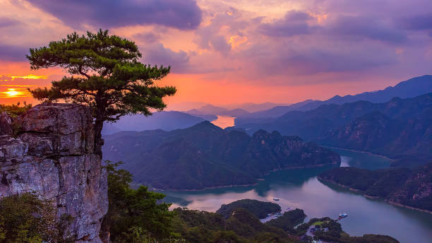 istock Golden sky at sunset, trees, mountains, rivers, emerald green. 1647218465