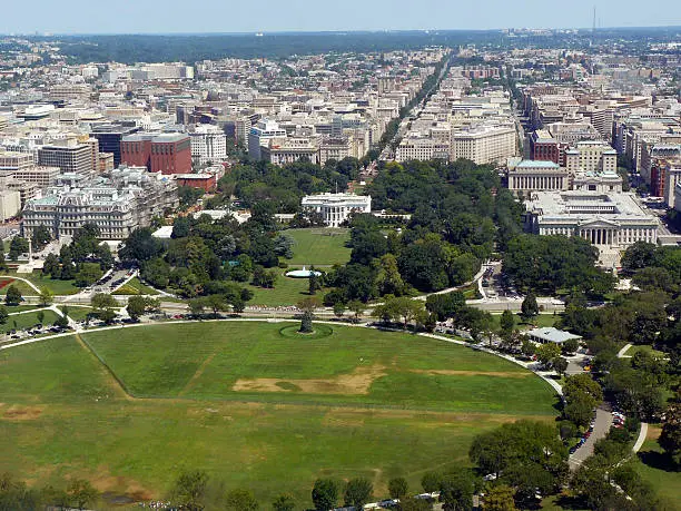 Aerial view of The Ellipse, the Eisenhower Executive Office Building, the White House, and the US Department of the Treasury