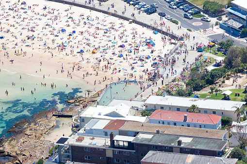 Aerial view looking over North Bondi and the Ocean Baths, Eastern Beaches, Sydney