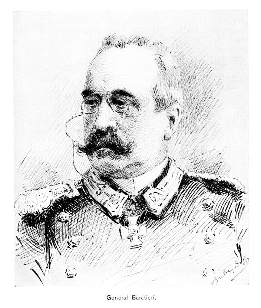 Oreste Baratieri Portrait, Italy, 19th Century World History Portrait of Oreste Baratieri (né Oreste Baratter,  November 13, 1841 – August 7, 1901), an Italian general and governor of Italian Eritrea.  Engravings published in 1896. Original edition is from a history book in my own archives. Copyright has expired and is in Public Domain. iron cross stock illustrations