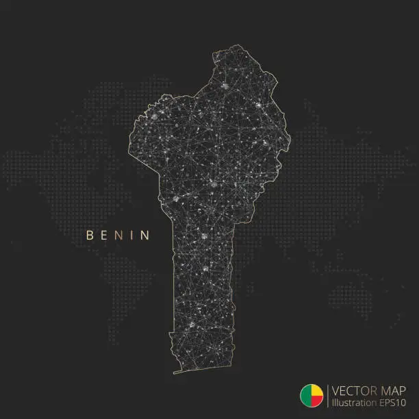 Vector illustration of Benin map abstract geometric mesh polygonal light concept with glowing contour lines countries and dots