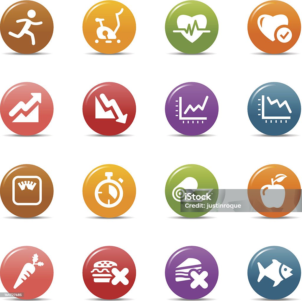 Colored Dots - Health and Fitness icons Vector illustration, Each icon is easy to colorize and can be used at any size.  Shadows could be easily moved or deleted. Files included: Vector EPS 10,  HD JPEG 5000 x 5000 px Off-Track Running stock vector