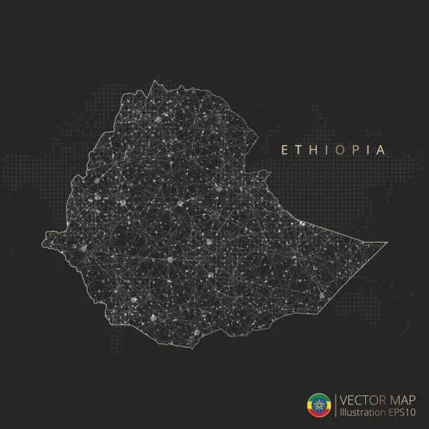Vector illustration of Ethiopia map abstract geometric mesh polygonal light concept with glowing contour lines countries and dots