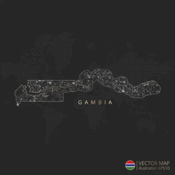 Vector illustration of Gambia map abstract geometric mesh polygonal light concept with glowing contour lines countries and dots
