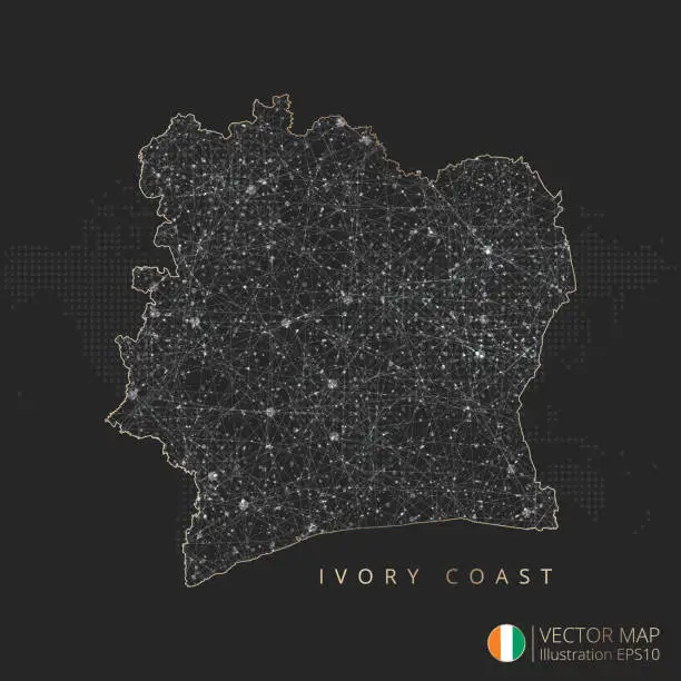 Vector illustration of Ivory Coast map abstract geometric mesh polygonal light concept with glowing contour lines countries and dots