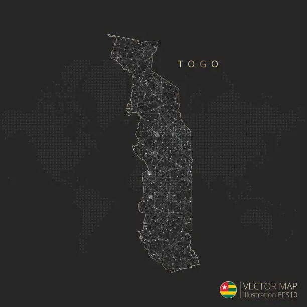 Vector illustration of Togo map abstract geometric mesh polygonal light concept with glowing contour lines countries and dots