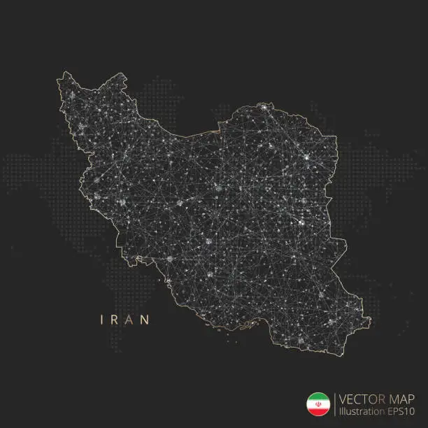 Vector illustration of Iran map abstract geometric mesh polygonal light concept with glowing contour lines countries and dots