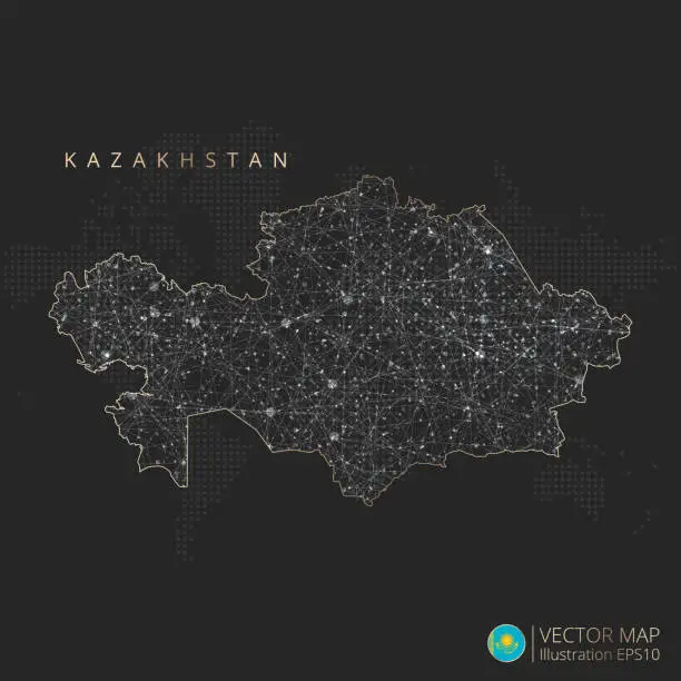 Vector illustration of Kazakhstan map abstract geometric mesh polygonal light concept with glowing contour lines countries and dots