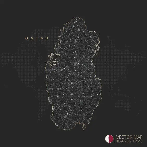 Vector illustration of Qatar map abstract geometric mesh polygonal light concept with glowing contour lines countries and dots