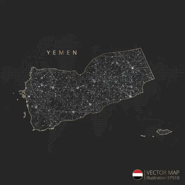 Vector illustration of Yemen map abstract geometric mesh polygonal light concept with glowing contour lines countries and dots