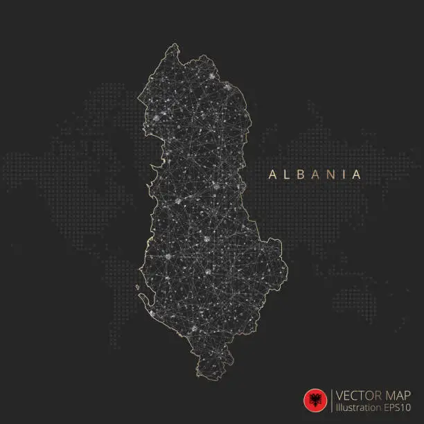 Vector illustration of Albania map abstract geometric mesh polygonal light concept with glowing contour lines countries and dots