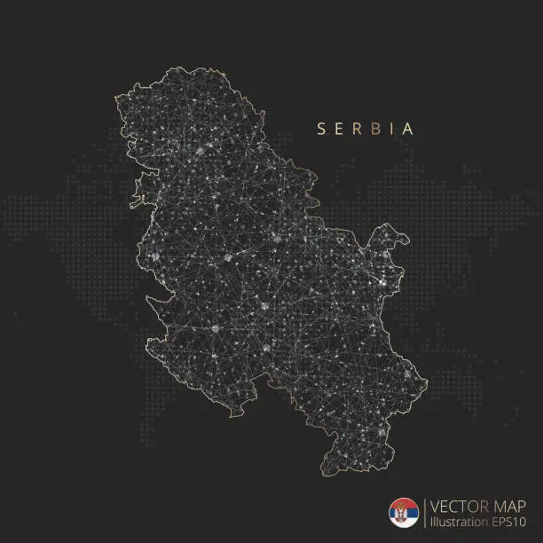 Vector illustration of Serbia map abstract geometric mesh polygonal light concept with glowing contour lines countries and dots