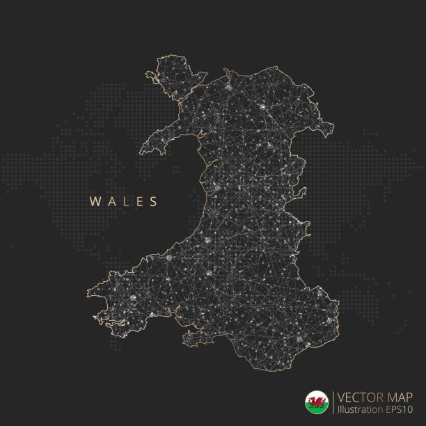 ウェールズは、輝く等高線の国と点を持つ抽象的な幾何学的なメッシュ多角形の光のコンセプトをマッピングします - wales cardiff map welsh flag点のイラスト素材／クリップアート素材／マンガ素材／アイコン素材
