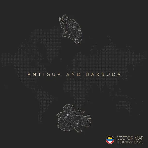 Vector illustration of Antigua and Barbuda map abstract geometric mesh polygonal light concept with glowing contour lines countries and dots