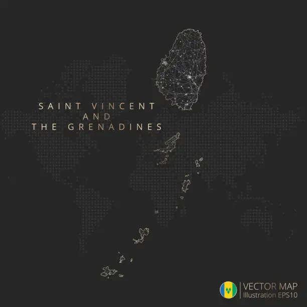 Vector illustration of Saint Vincent and the Grenadines map abstract geometric mesh polygonal light concept with glowing contour lines countries and dots