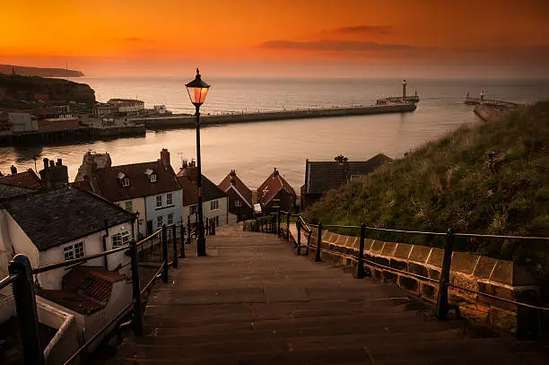Sunsets over the famous harbour of Whitby, Landing place of Dracula.