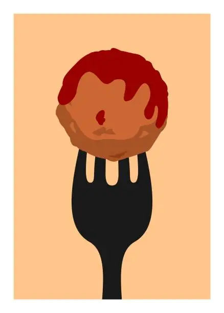 Vector illustration of Meatball with sauce stabbed on fork. Simple flat illustration.