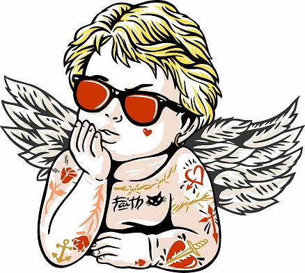 Título	
Vector colorful illustration of angel in stripped style with sunglasses and tattoos. Stylized cherub drawing.