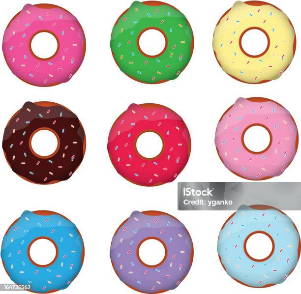 Vetores de Colorido Delicioso Donuts Isolado No Branco De Fundo Ilustração Vetorial e mais imagens de Alimentação Não-saudável