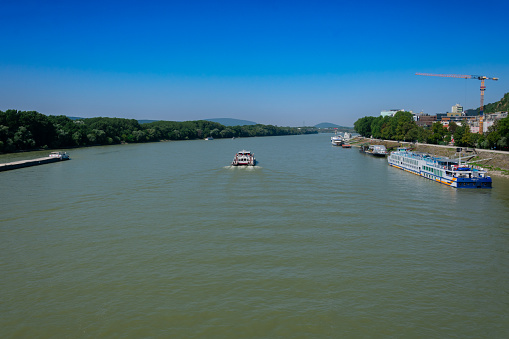 Bratislava, Slovakia. August 15, 2023. View of Danube River taken from the UFO SNP Bridge