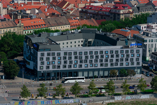 Bratislava, Slovakia. August 15, 2023. Aerial view of Park Inn by Radisson Danube Bratislava Hotel