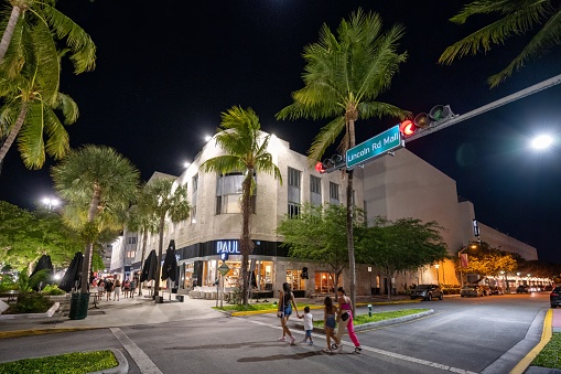 Sunny Isles Beach, FL, USA - August 1, 2022: Strip Mall shopping plaza Sunny Isles Beach night photo