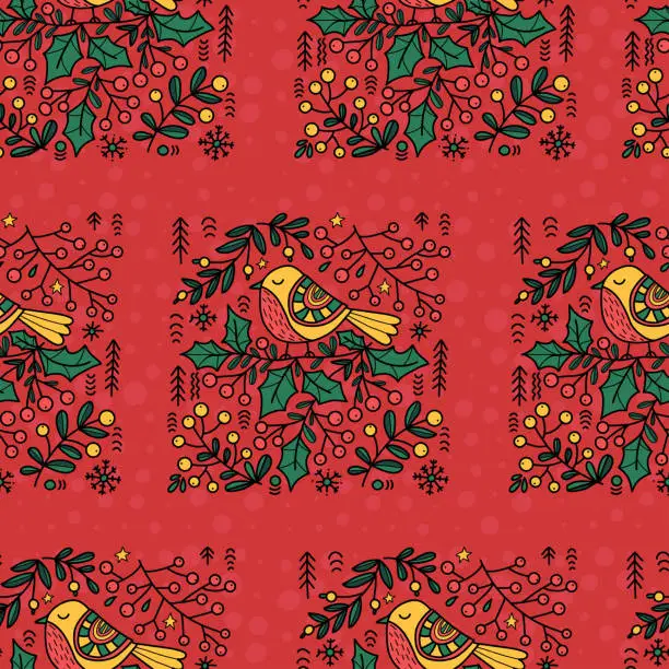 Vector illustration of Christmas Seamless Pattern. Folk Art Birds on red background. Vector illustration. Xmas folk repetitive design .