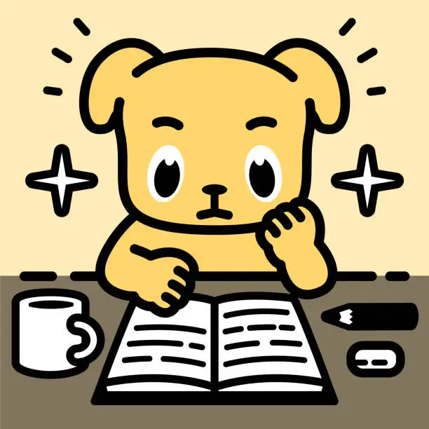Vector illustration of A labrador retriever dog sitting at a desk with its chin on the hand concentrates on reading a book