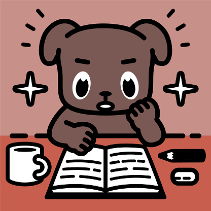 Animal characters vector art illustration.
A labrador retriever dog sitting at a desk with its chin on the hand concentrates on reading a book.