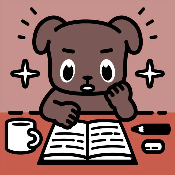 Vector illustration of A labrador retriever dog sitting at a desk with its chin on the hand concentrates on reading a book