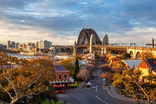The afternoon view of the Sydney Harbour Bridge from observatory Hill in Sydney.