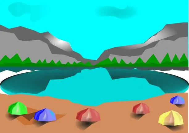 Vector illustration of a camping spot on the edge of the river with beautiful mountain views