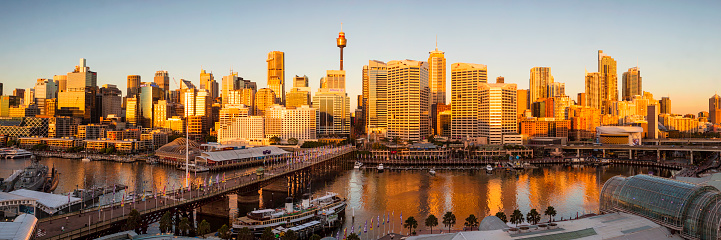 Wide angle view of the Sydney Skyline over looking Darling Harbour with Center Point Tower in view.