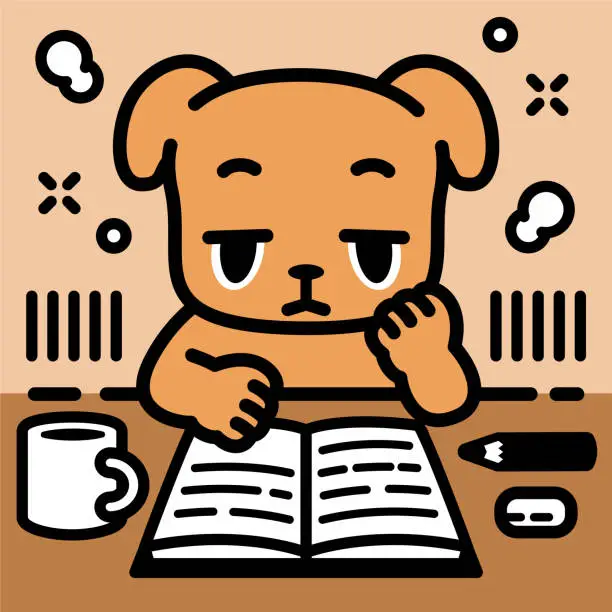 Vector illustration of A tired labrador retriever dog sitting at a desk with its chin on the hand reads a book