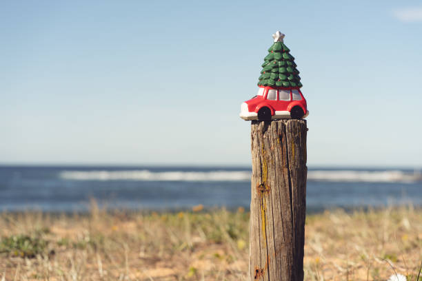 Car with a Christmas Tree toy on the Australian beach