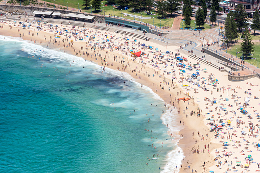 Aerial view of Coogee Beach in Sydney during the peak of a hot Australian summer.
