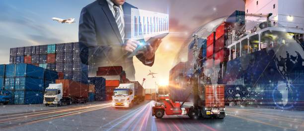 istock Smart technology logistics concept,  Businessman touching virtual screen world map of Global logistics network distribution, Air cargo trucking, Rail transportation and maritime shipping, Online goods orders worldwide 1647481403