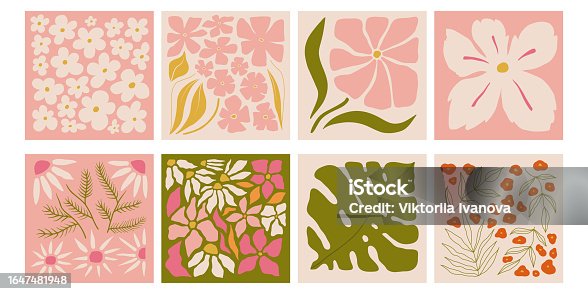 istock Set of prints with flowers. Interior painting. Colorful illustrations of flowers for covers, posters and pictures. Vector illustration. Modern floral posters with flowers. 1647481948