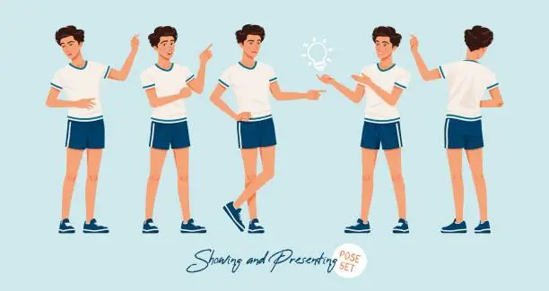 Vector illustration of Sporty teenage active boy set showing presenting poses