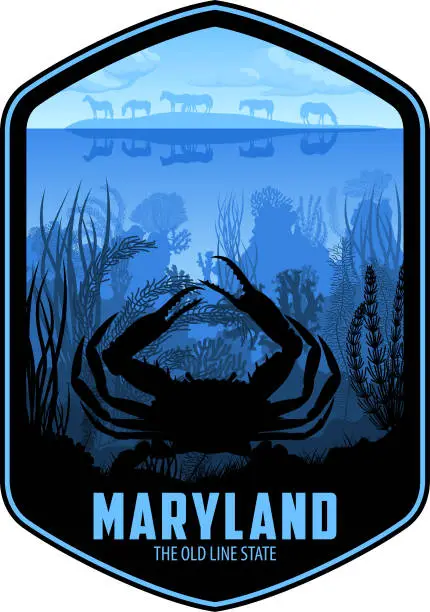 Vector illustration of Maryland vector label with blue crab and Assateague island horses