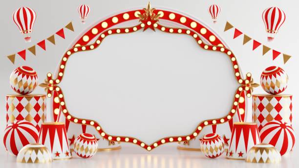 3D rendering for amusement park, circus, carnival fair theme podium with many rides and shops circus tent 3d illustration
